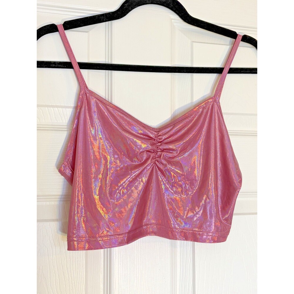 Women Medium Blush Pink Holographic Crop Cami Top Tank Stretchy Rave Festival